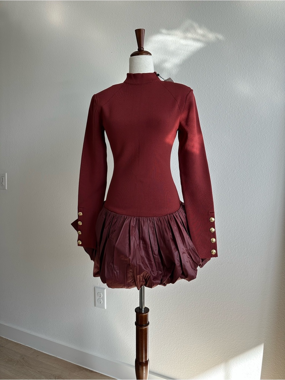 Aje Burgundy Long-Sleeve Bubble Hem Mini Dress